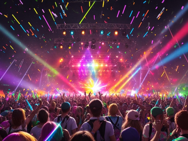 Confetti falling on a festive concert crowd in front of the main stage