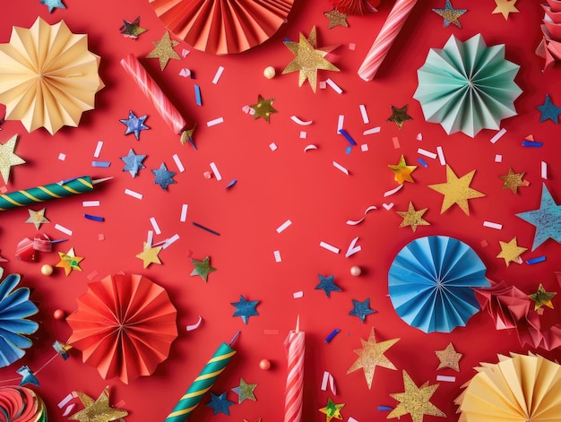 Photo confetti and paper stars on a bright red background ideal for celebrations and parties