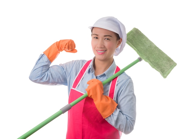 confidence successful young housewife standing and holding mop ready for cleaning services