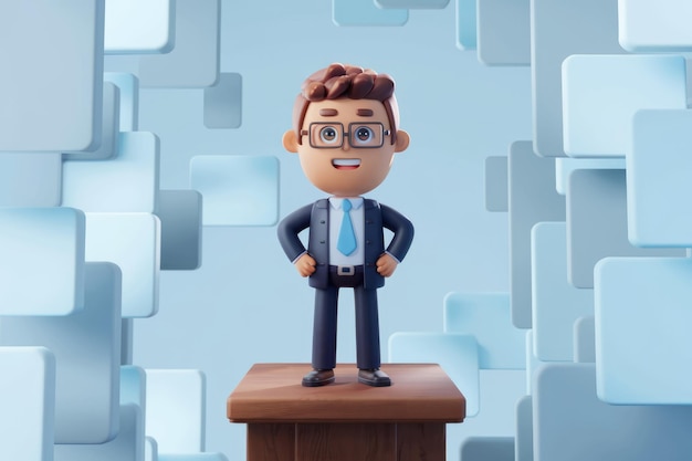 Photo confident 3d animated man with glasses presenting on a wooden podium