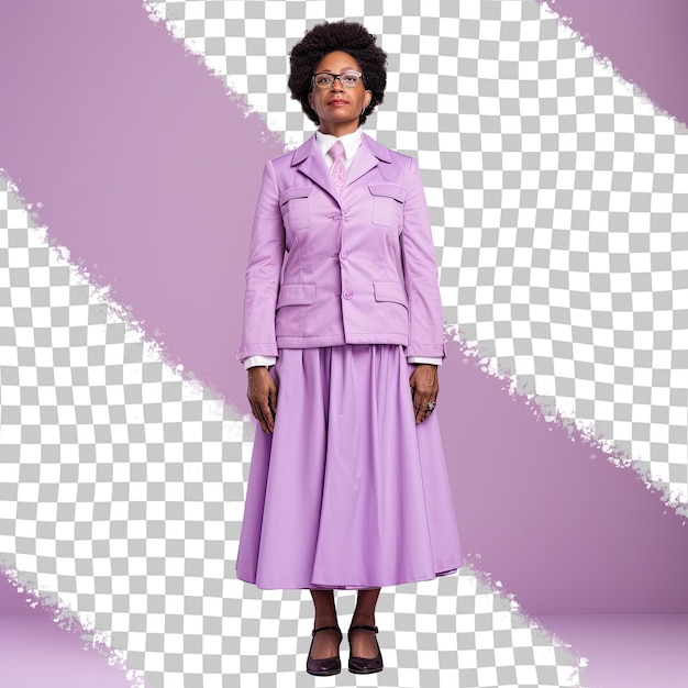 A Confident Adult woman with Kinky Hair from the African American ethnicity dressed in Rabbi Priest Minister attire poses in a Standing with One Foot Forward style against a Pastel Lavender