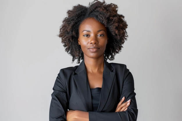 Confident African American female CEO on white background