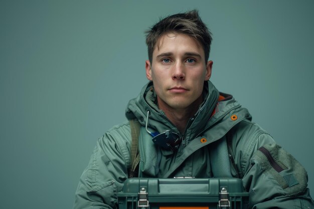 Photo confident air force engineer in uniform holding a toolbox ready for maintenance duties