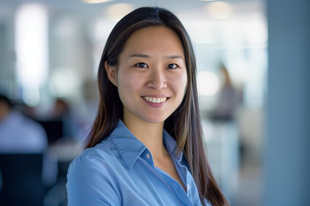 confident Asian businesswoman smiling as she works in modern office setting