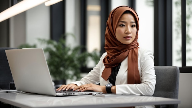 A confident Asian businesswoman in a stylish hijab sitting at a sleek white desk with a laptop exu