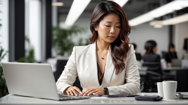 Confident Asian businesswoman working on her laptop at a sleek white desk