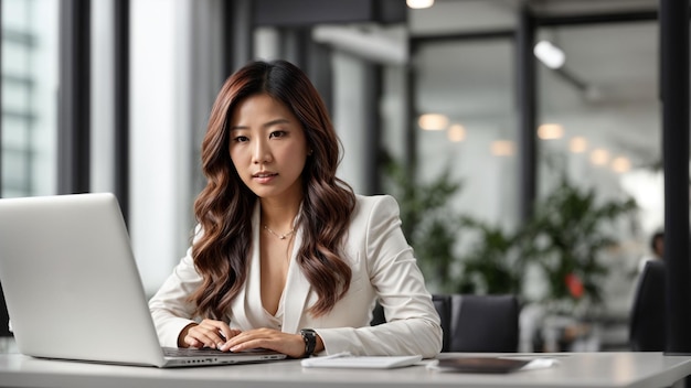 Confident Asian businesswoman working on her laptop at a sleek white desk