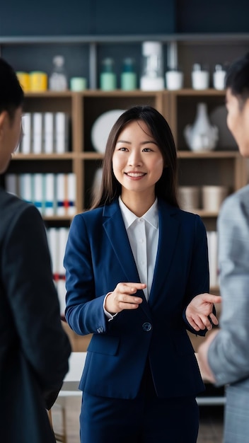 Confident asian female entrepreneur saleswoman in suit introduce product showing place to clients b