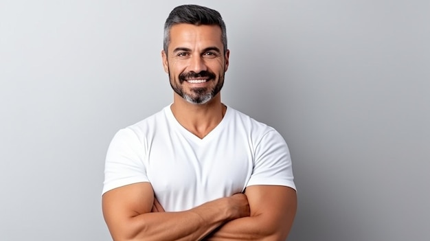 Confident athletic guy cross arms chest and smiling on white isolated background