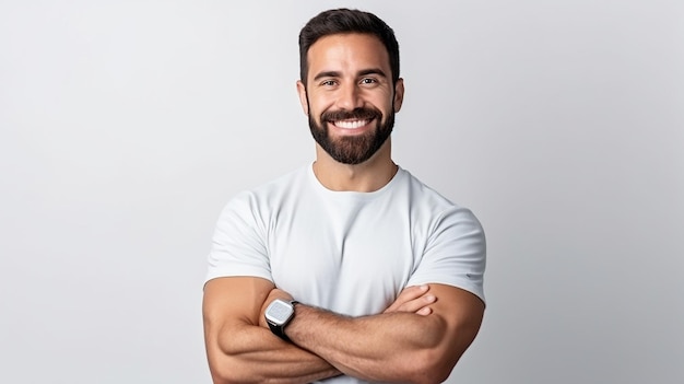 Confident athletic guy cross arms chest and smiling on white isolated background