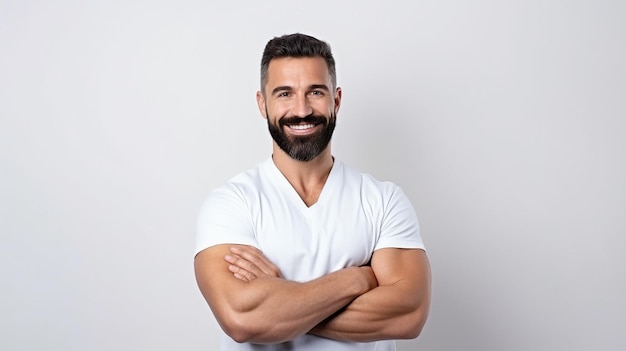 Confident athletic guy cross arms chest and smiling on white isolated background