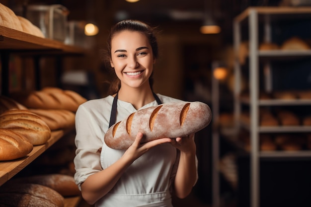 Photo confident baker standing in front of freshly baked bread in her bakery