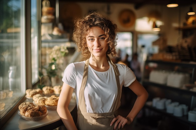 Photo confident baker standing in front of freshly baked bread in her bakery