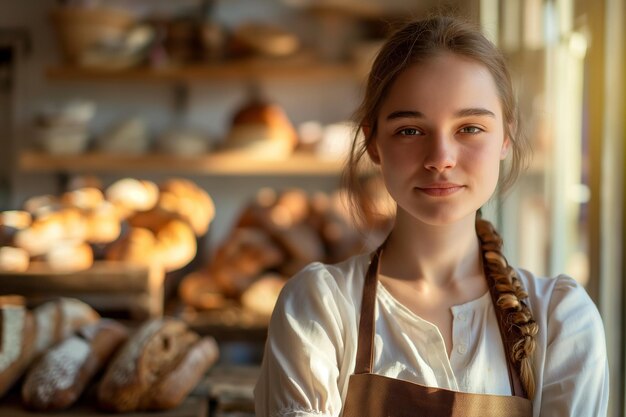 Photo confident baker standing in front of freshly baked bread in her bakery