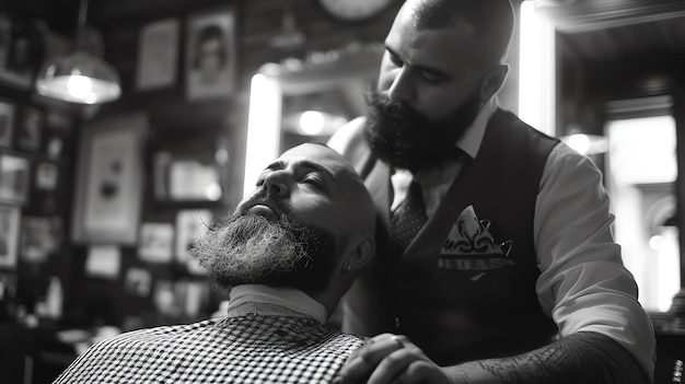 Photo confident barber giving a customer a haircut in a barbershop