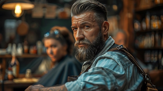 Photo confident bearded man visiting hairstylist in barber shop