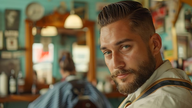 Photo confident bearded man visiting hairstylist in barber shop