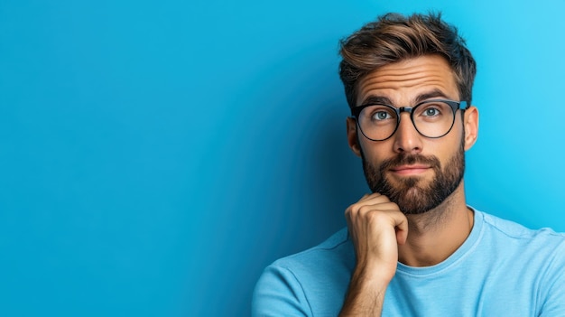 Photo a confident bearded man wearing glasses deep in thought posing against a solid blue background with a pensive expression