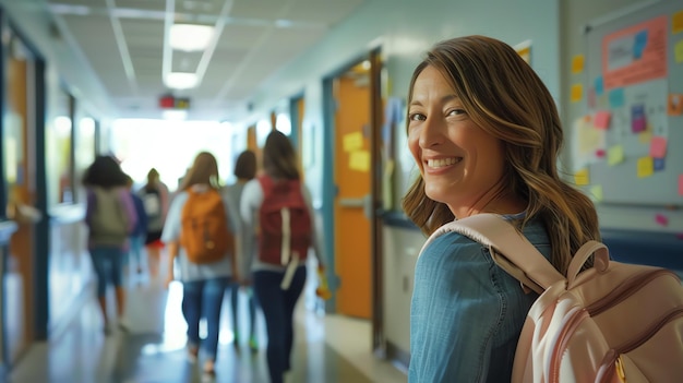 Photo confident and beautiful female teacher smiling at the camera in a school hallway