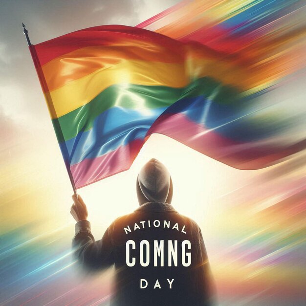 Photo confident biracial man waving rainbow flag national coming out day celebration lgbt awareness queer community support civil rights and coming out awareness