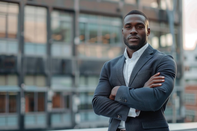 Confident black businessman in stylish suit on rooftop