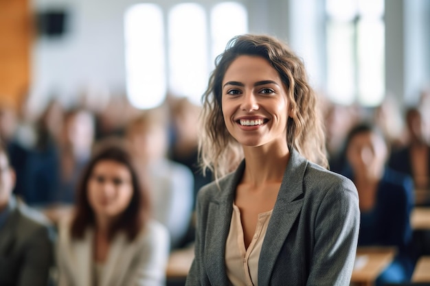 Confident blonde businesswoman is presenting at a conference in a modern white hall Her poised and professional demeanor commands attention as she delivers her message with conviction Generative AI