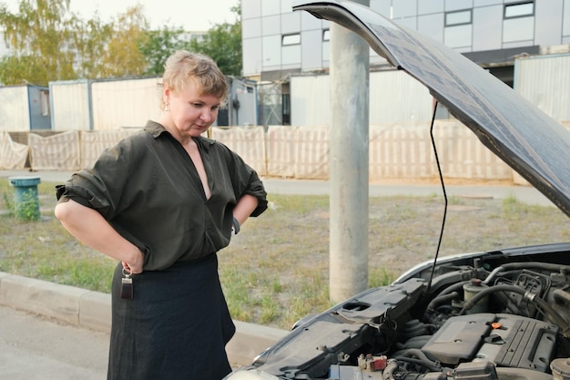 Confident blonde woman stands in front of a car with the hood up