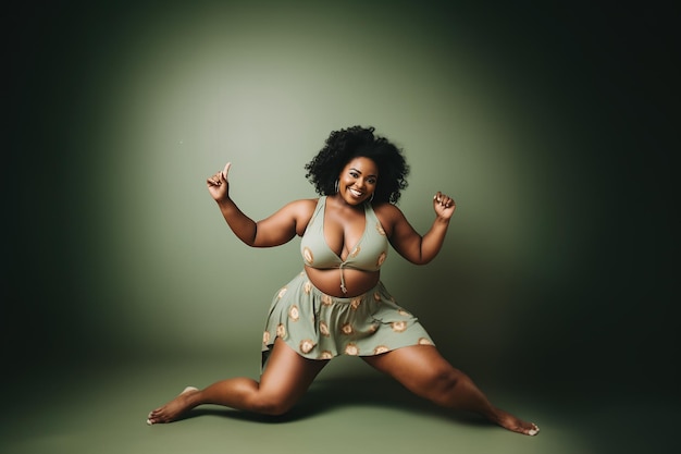 Confident body moves Plus size woman having fun with her body in a color background