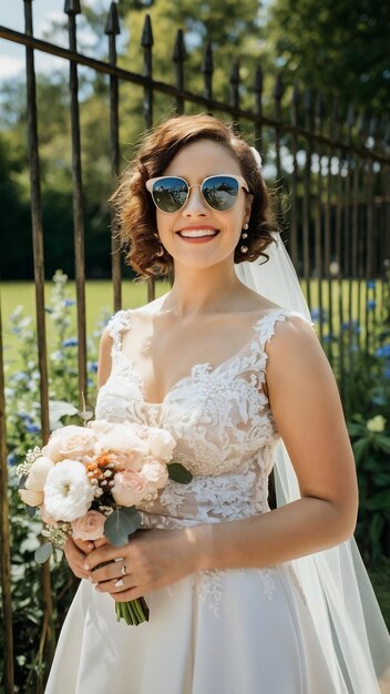 Photo confident bride in retro sunglasses with wedding flowers standing near fence on sunny day