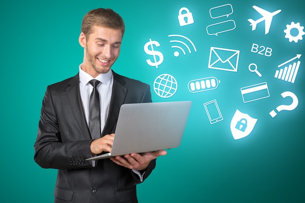 Confident business expert. Confident man in shirt and tie holding laptop