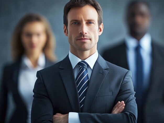 Photo confident business leader with diverse team in professional setting