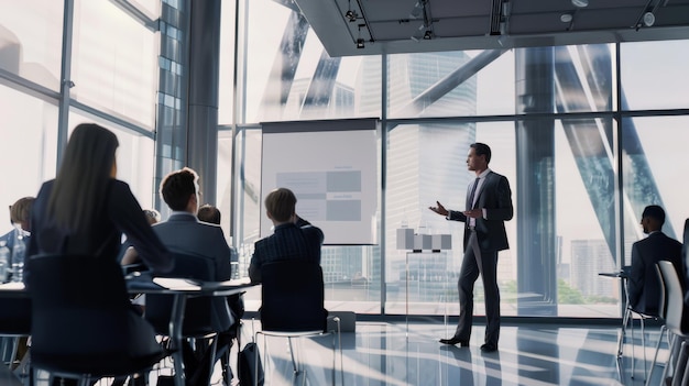 A confident business professional delivers a presentation in a modern conference room with a skyline view engaging an attentive audience