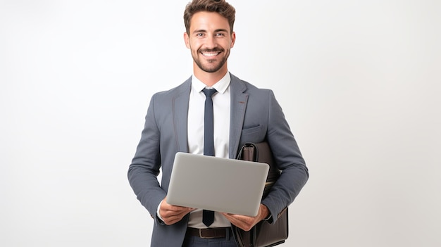 Confident business professional handsome confident young man in shirt and tie holding laptop and smiling while standing against white background