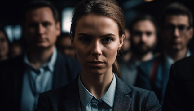 Confident business team smiling in well dressed suits generated by AI