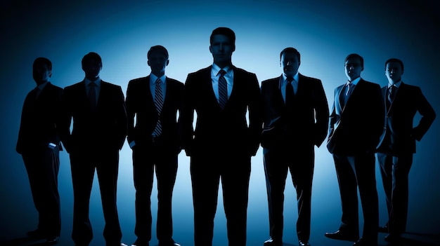 Confident business team standing together in a blue background They are all wearing suits and ties