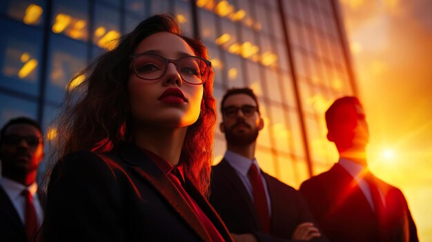 A confident business team standing together in a modern urban setting during sunset showcasing determination and professionalism