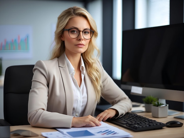 Confident Business Woman Analyzing Finances at Desk