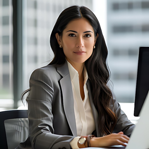 Confident business young lady working with laptop in office generated by AI