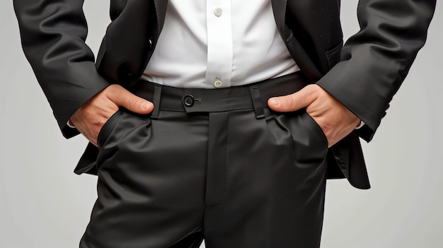 Confident businessman in black suit with hands in pockets isolated on grey background