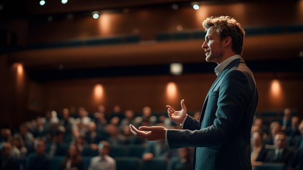 Photo confident businessman delivering presentation at conference in auditorium professional speaker