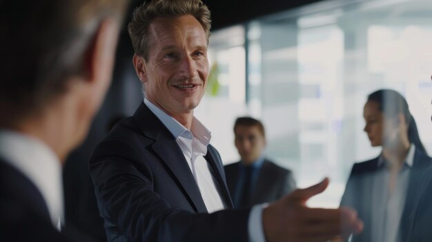 Photo confident businessman engages with colleagues leading a discussion in a modern corporate setting