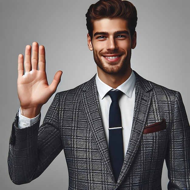 Confident Businessman in Formal Attire Smiling and Waving