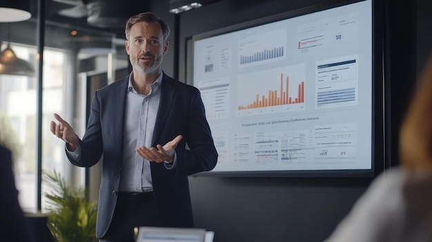 Photo confident businessman leading a presentation with charts on a screen