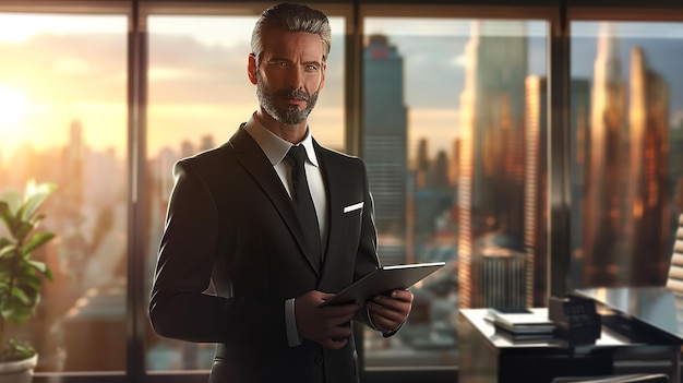 Confident Businessman in Modern Office Holding Tablet with City View