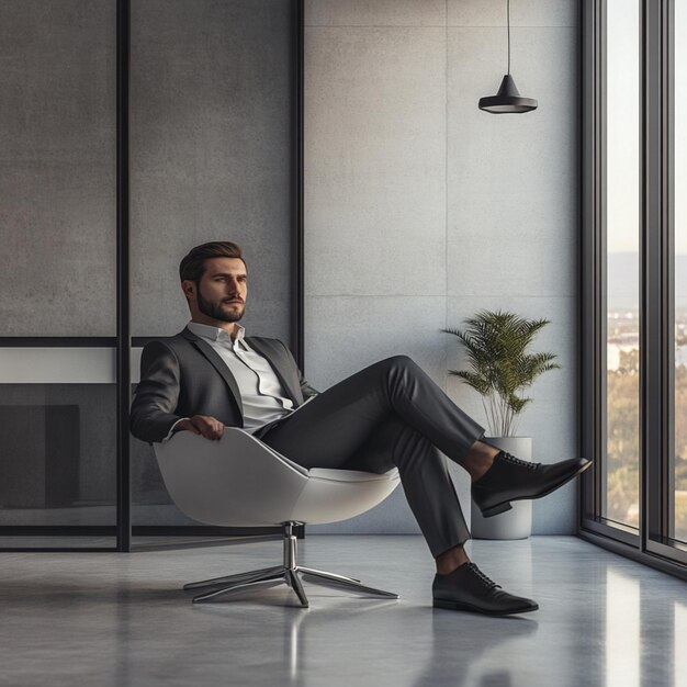 Photo confident businessman in modern office setting sitting in chair