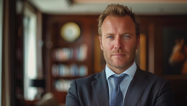 Confident Businessman Posing Indoors in Modern Office Setting During Daytime With Bookshelves