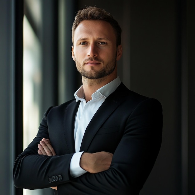 Photo confident businessman posing modern office environment