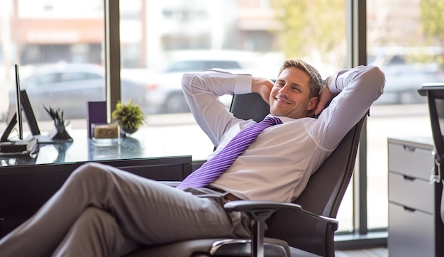 Photo confident businessman relaxing in office chair celebrating professional achievement and success