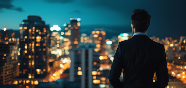 Confident businessman on roof with night cityscape