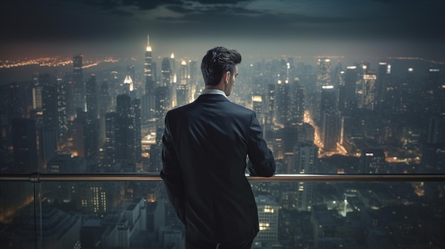 A confident businessman on rooftop balcony with the breathtaking night view Generative AI